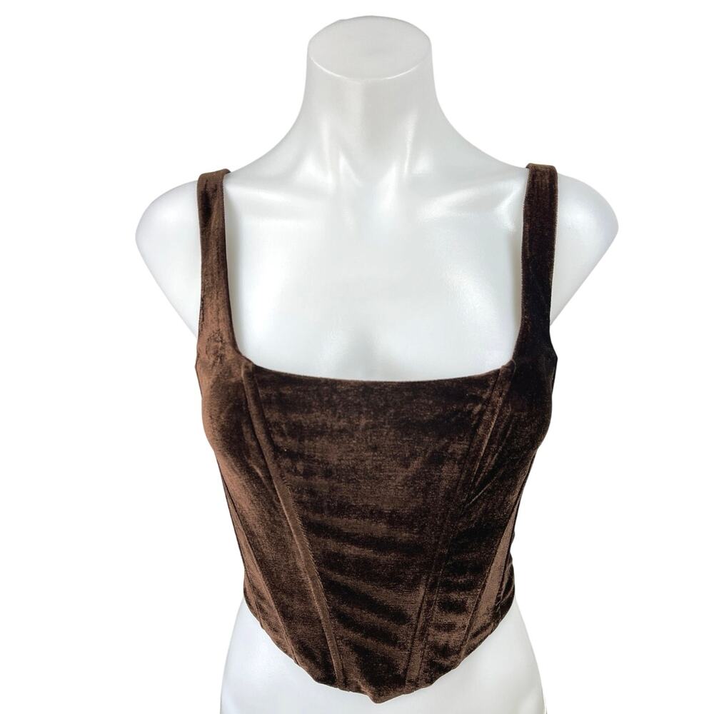 NEW Isalis Brown Velvet Velour Sleeveless Square Neck Corset Crop Tank Top Sz S